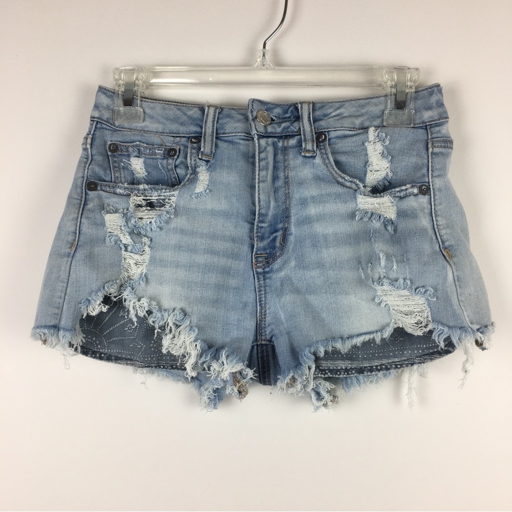 American Eagle Denim Shorts Sz 2 Blue Vintage Hi-Rise Festival Distressed